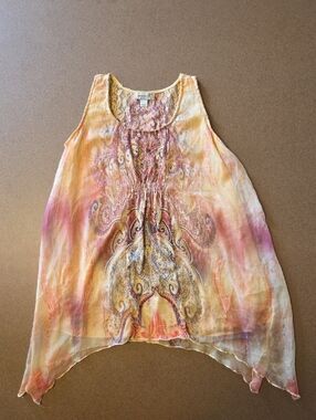 Boho Tie-Dye Paisley Sleeveless Tunic Top - Yellow Pink